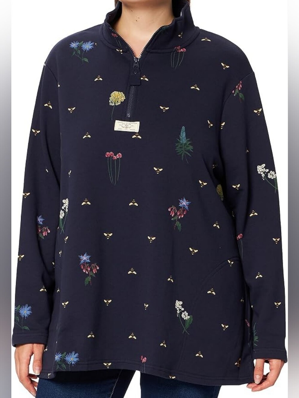 Navy Floral Half-Zip Pullover with Bee Accents